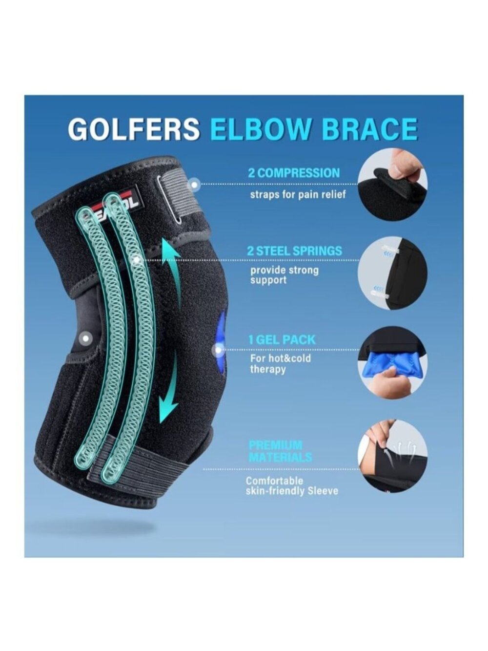FEATOL Med Unisex Elbow Brace with Ice Pack Tendonitis Tennis Elbow Pain Relief - Picture 3 of 10